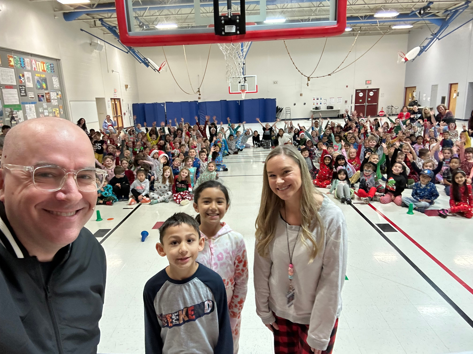 Students and staff after a Pro-Kids Show assembly at River Woods Elementary